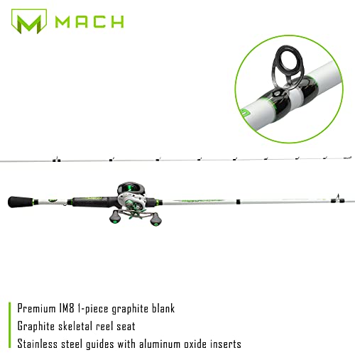 Lew's Mach 1 SLP Baitcast Reel and Fishing Rod Combo, 7-Foot 2-Inch 1-Piece Graphite Rod Blank with Split Grip EVA Handle, One-Piece Graphite Frame, Right-Hand Retrieve, Silver/Green