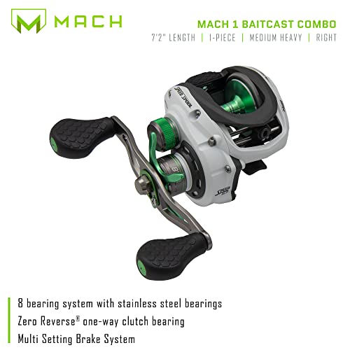 Lew's Mach 1 SLP Baitcast Reel and Fishing Rod Combo, 7-Foot 2-Inch 1-Piece Graphite Rod Blank with Split Grip EVA Handle, One-Piece Graphite Frame, Right-Hand Retrieve, Silver/Green