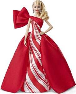 barbie 2019 holiday doll, 11.5-inch, blonde, wearing red and white gown, with doll stand and certificate of authenticity