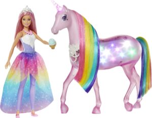 barbie dreamtopia magical lights unicorn with rainbow mane, lights and sounds, princess doll with pink hair and food accessory, gift for 3 to 7 year olds, multi, Única