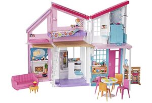 barbie doll house playset, malibu house with 25+ themed furniture & accessories, 6 rooms including 2-in-1 transformations