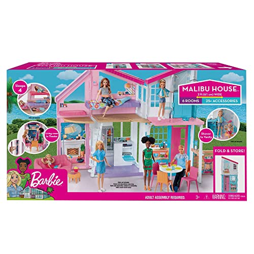 Barbie Doll House Playset, Malibu House with 25+ Themed Furniture & Accessories, 6 Rooms Including 2-In-1 Transformations