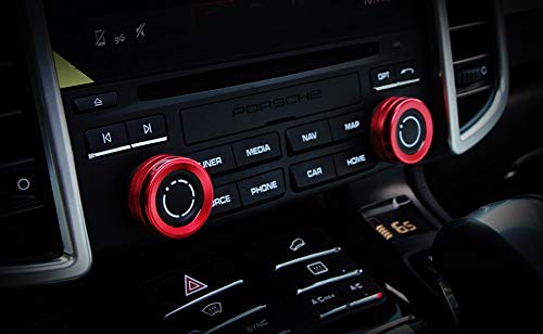 iJDMTOY 2pc Red Sports Aluminum AC Climate Control and Radio Volume Knob Ring Covers Compatible With Porsche 2014-up Macan, 2011-2018 Cayenne, 2010-2016 Panamera, 2012-2019 911