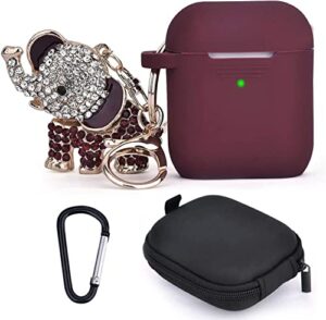 airpods case, torotop silicone air pod case cover cute protective accessories set with bling elephant keychain/ear hook/storage box compatible for apple airpods 1&2 women girls(burgundy)