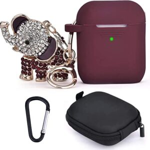 Airpods Case, TOROTOP Silicone Air pod Case Cover Cute Protective Accessories Set with Bling Elephant Keychain/Ear Hook/Storage Box Compatible for Apple Airpods 1&2 Women Girls(Burgundy)