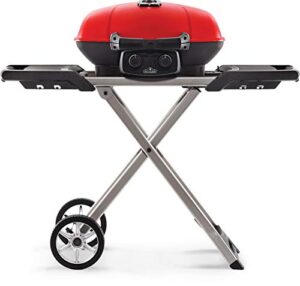 napoleon travelq 285 portable gas bbq grill, propane, red lid - tq285x-rd-1-a includes folding cart, two burners, cast iron cooking grids, comes with drop-in griddle, ideal for camping & tailgating