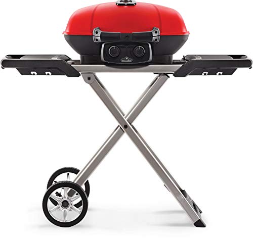 Napoleon TravelQ 285 Portable Gas BBQ Grill, Propane, Red Lid - TQ285X-RD-1-A Includes Folding Cart, Two Burners, Cast Iron Cooking Grids, Comes With Drop-in Griddle, Ideal for Camping & Tailgating