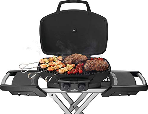 Napoleon TravelQ 285 Portable Gas BBQ Grill, Propane, Red Lid - TQ285X-RD-1-A Includes Folding Cart, Two Burners, Cast Iron Cooking Grids, Comes With Drop-in Griddle, Ideal for Camping & Tailgating