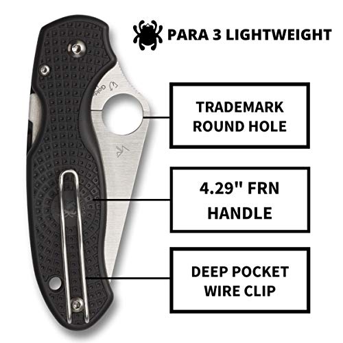 Spyderco Para 3 Lightweight Signature Folding Utility Pocket Knife with 2.92" Stainless Steel Blade and FRN Handle - Everyday Carry - PlainEdge - C223PBK