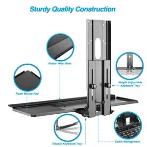 AVLT Single 17”-27” Monitor Steel Keyboard Wall Mount with Large 25.7” Height Adjustable Keyboard Tray - Computer Wall Mount Workstation VESA 75 100 – Soft Wrist Rest and Mouse Pad