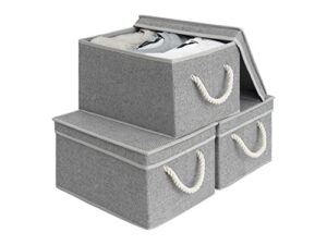 storageworks storage bins with lid and soft rope handles, foldable storage basket, gray, 3-pack, large,15.25x10.75x8.25 inches (lxwxh)