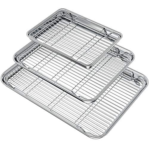 Wildone Baking Sheet with Rack Set (3 Pans + 3 Racks), Stainless Steel Baking Pan Cookie Sheet with Cooling Rack, Non Toxic & Heavy Duty & Easy Clean