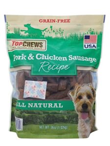 top chews pork & chicken sausage dog treats 100% natural 36 oz