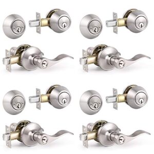 knobonly 4 pack front door entry lever lockset and double cylinder deadbolt combination set, satin nickel- all keyed alike(same keys)