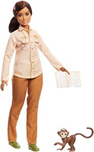 barbie wildlife conservationist doll, brunette with monkey and notebook, inspired by national geographic for kids 3 years to 7 years old
