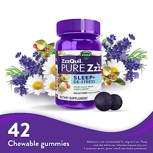 ZzzQuil PURE Zzzs De-Stress Melatonin Sleep Aid Gummies, Helps Calm Your Mind and Body, Ashwagandha for Stress Support, Sleep Aids for Adults, 1 mg per gummy, 42 Count