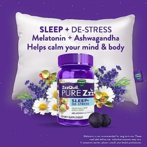 ZzzQuil PURE Zzzs De-Stress Melatonin Sleep Aid Gummies, Helps Calm Your Mind and Body, Ashwagandha for Stress Support, Sleep Aids for Adults, 1 mg per gummy, 42 Count