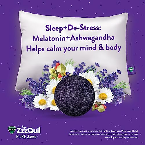 ZzzQuil PURE Zzzs De-Stress Melatonin Sleep Aid Gummies, Helps Calm Your Mind and Body, Ashwagandha for Stress Support, Sleep Aids for Adults, 1 mg per gummy, 42 Count