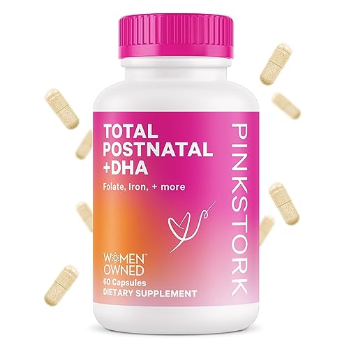 Pink Stork Total Postnatal Vitamins for Women with DHA, Iron, Folate, and Vitamin B12, Postpartum Recovery Essentials, Daily Postnatal Supplement for Breastfeeding Moms, 60 Capsules, 1 Month Supply