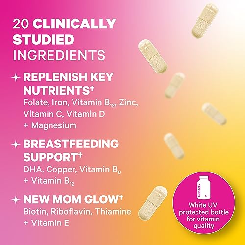 Pink Stork Total Postnatal Vitamins for Women with DHA, Iron, Folate, and Vitamin B12, Postpartum Recovery Essentials, Daily Postnatal Supplement for Breastfeeding Moms, 60 Capsules, 1 Month Supply