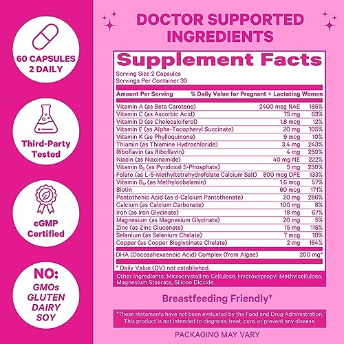 Pink Stork Total Postnatal Vitamins for Women with DHA, Iron, Folate, and Vitamin B12, Postpartum Recovery Essentials, Daily Postnatal Supplement for Breastfeeding Moms, 60 Capsules, 1 Month Supply