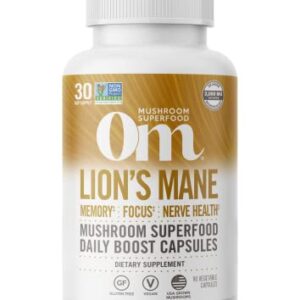 Om Mushroom Superfood Lion's Mane Mushroom Capsules Superfood Supplement, 90 Count, 30 Day Supply, Fruit Body and Mycelium Nootropic for Memory, Focus, Nerve Health and Immune Support