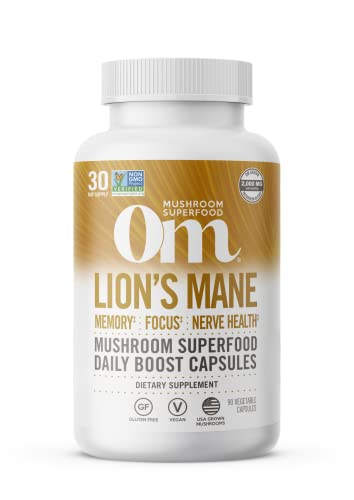 Om Mushroom Superfood Lion's Mane Mushroom Capsules Superfood Supplement, 90 Count, 30 Day Supply, Fruit Body and Mycelium Nootropic for Memory, Focus, Nerve Health and Immune Support