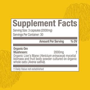 Om Mushroom Superfood Lion's Mane Mushroom Capsules Superfood Supplement, 90 Count, 30 Day Supply, Fruit Body and Mycelium Nootropic for Memory, Focus, Nerve Health and Immune Support