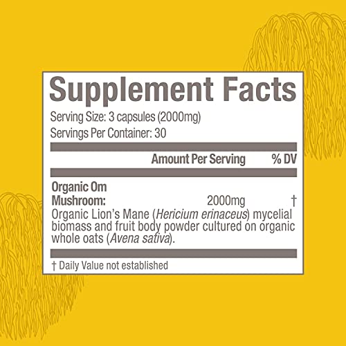 Om Mushroom Superfood Lion's Mane Mushroom Capsules Superfood Supplement, 90 Count, 30 Day Supply, Fruit Body and Mycelium Nootropic for Memory, Focus, Nerve Health and Immune Support