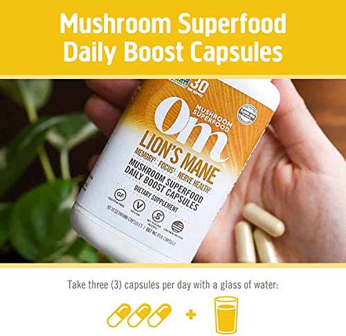 Om Mushroom Superfood Lion's Mane Mushroom Capsules Superfood Supplement, 90 Count, 30 Day Supply, Fruit Body and Mycelium Nootropic for Memory, Focus, Nerve Health and Immune Support