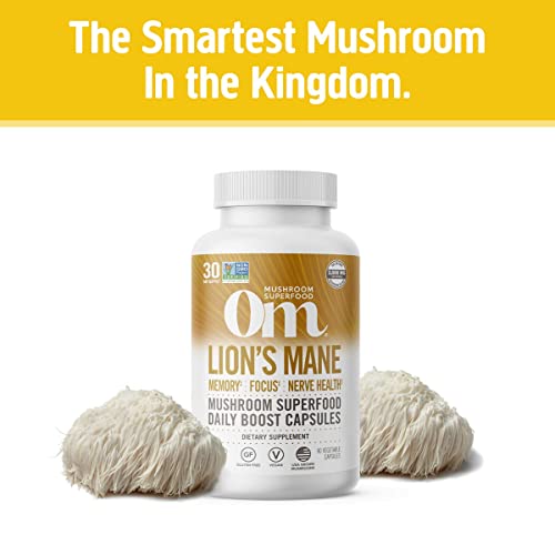 Om Mushroom Superfood Lion's Mane Mushroom Capsules Superfood Supplement, 90 Count, 30 Day Supply, Fruit Body and Mycelium Nootropic for Memory, Focus, Nerve Health and Immune Support