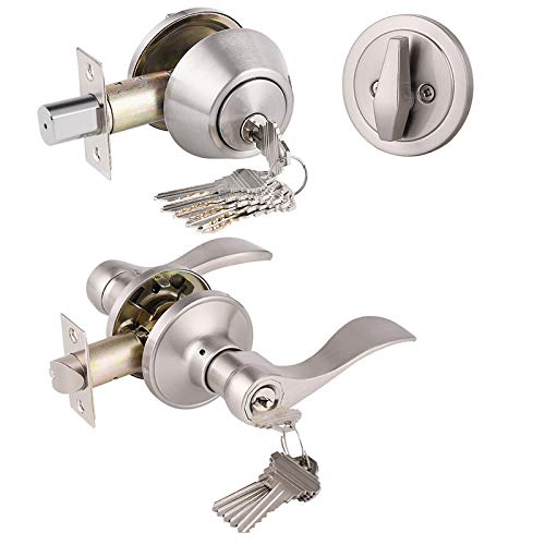 Keyed Alike Front Door Exterior Door Lever Lockset with Single Cylinder Deadbolt Combination Set, Door Knob with Lock and Deadbolt, Satin Nickel Finished, 1Pack