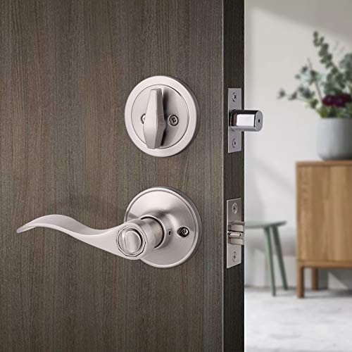 Keyed Alike Front Door Exterior Door Lever Lockset with Single Cylinder Deadbolt Combination Set, Door Knob with Lock and Deadbolt, Satin Nickel Finished, 1Pack