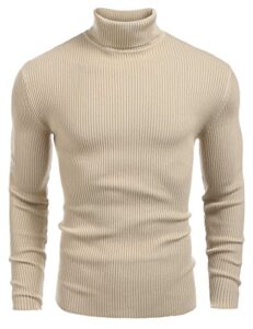 coofandy mens ribbed slim fit knitted pullover turtleneck sweater khaki