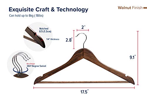 HOUSE DAY Premium Wooden Hangers High Grade Coat Hangers Wood Clothes Hangers Smooth Finish Wood Hangers for Closet Heavy Duty Hangers Suit Hangers for Clothes, Walnut, Jacket, Shirt, Tank Top, Dress