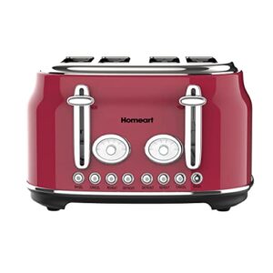 homeart chelsea 4-slice retro toaster - stainless steel with removable crumb tray, adjustable browning control with multiple settings to cancel, defrost, reheat and bagel - 1500w, red