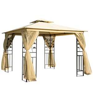 outsunny 10' x 10' metal patio gazebo, double roof outdoor gazebo canopy shelter with tree motifs corner frame and netting, for garden, lawn, backyard, and deck, beige