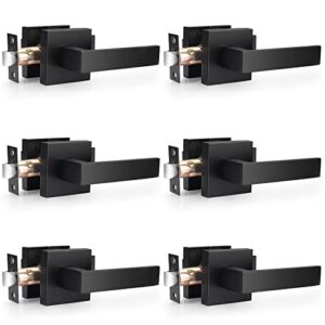 Probrico 6 Pack| Matte Black Passage Levers for Hall and Closet, Square Heavy Duty Interior Keyless Door Handles, Reversible for Left Right Sided Doors