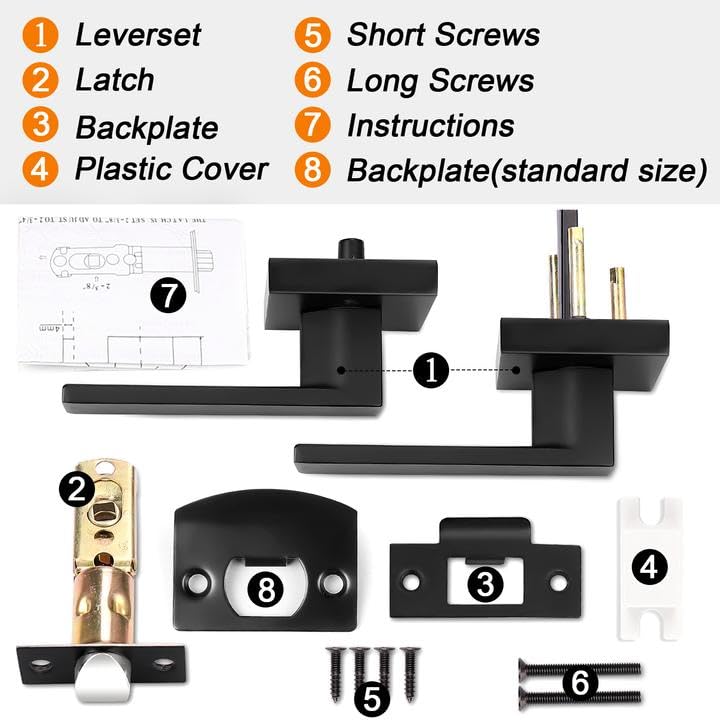 Probrico 6 Pack| Matte Black Passage Levers for Hall and Closet, Square Heavy Duty Interior Keyless Door Handles, Reversible for Left Right Sided Doors