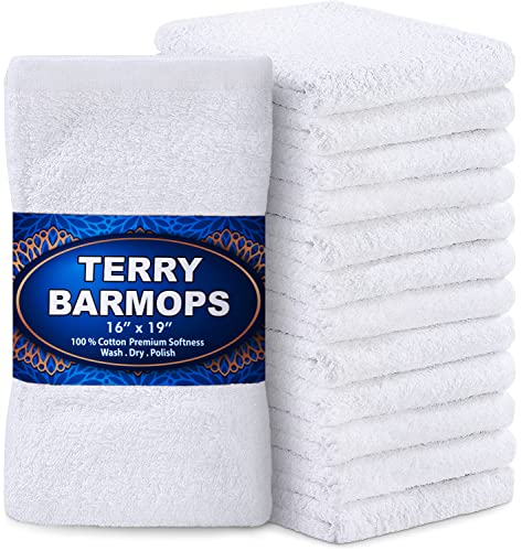 GREEN LIFESTYLE Terry Kitchen Bar Mops Kitchen Towel 12 Pack, Pure Cotton White Dish Cloths, Rags, Restaurant Cleaning Towels Ring Spun 100% Cotton, 16x19 inches