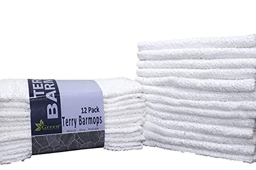 GREEN LIFESTYLE Terry Kitchen Bar Mops Kitchen Towel 12 Pack, Pure Cotton White Dish Cloths, Rags, Restaurant Cleaning Towels Ring Spun 100% Cotton, 16x19 inches