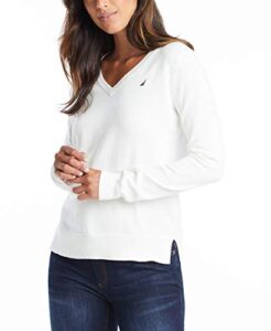 nautica women's effortless j-class long sleeve 100% cotton v-neck sweater, marshmallow, xx-large