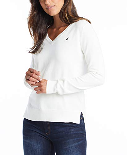 Nautica Women's Effortless J-Class Long Sleeve 100% Cotton V-Neck Sweater, Marshmallow, XX-Large