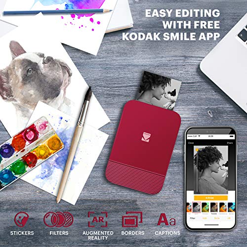 KODAK Smile Instant Digital Bluetooth Printer for iPhone & Android – Edit, Print & Share 2x3 Zink Photos w/ Smile App (Red)