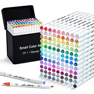 108 pack art markers, 107 coloring markers and 1 blender, alcohol based dual tip permanent markers highlighters with case, excellent for adults kids marking drawing sketching by smart color art