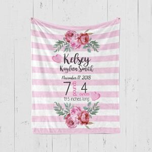 baby girl's blanket - birth stats - pink - flowers hearts - minky 30" x 40"