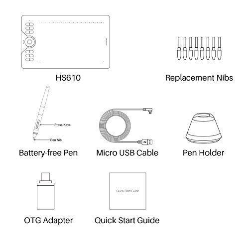 Drawing Tablet HUION HS610 Graphic Tablet with Battery-Free Stylus 8192 Pen Pressure Tilt Function, 10x6.25 Inches Digital Tablet for Animation & Design, Compatible with Windows/Mac/Android