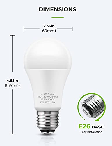 3 Way Light Bulbs, LOHAS 3 Way LED Light Bulbs 50 100 150W Equivalent, Daylight White 5000K, Three Way A19 Light Bulbs, E26 Base LED Bulbs for Desk Lamps, Floor Lamps, Table Lamps, 2 Pack