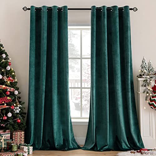 MIULEE Dark Green Velvet Curtains for Christmas Room Darkening Blackout Solid Emerald Curtains Thermal Insulated Soundproof Curtains/Drapes/Panels for Living Room Bedroom 52 x 72 Inch 2 Panels