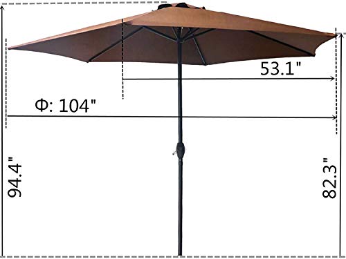 LOKATSE HOME Table Outdoor Market Patio Umbrella with Crank 9 Feet 6Ribs, Brown-Small